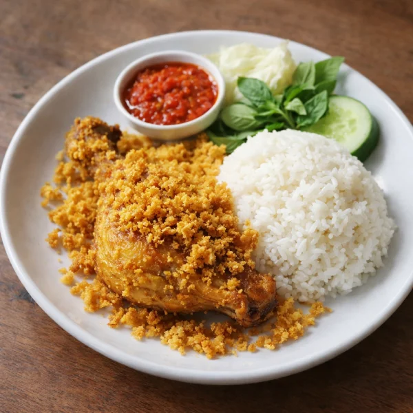 Ayam kremes renyah dengan kremesan dan sambal, menu utama Ayam Kremes Sekar Pondok Pinang