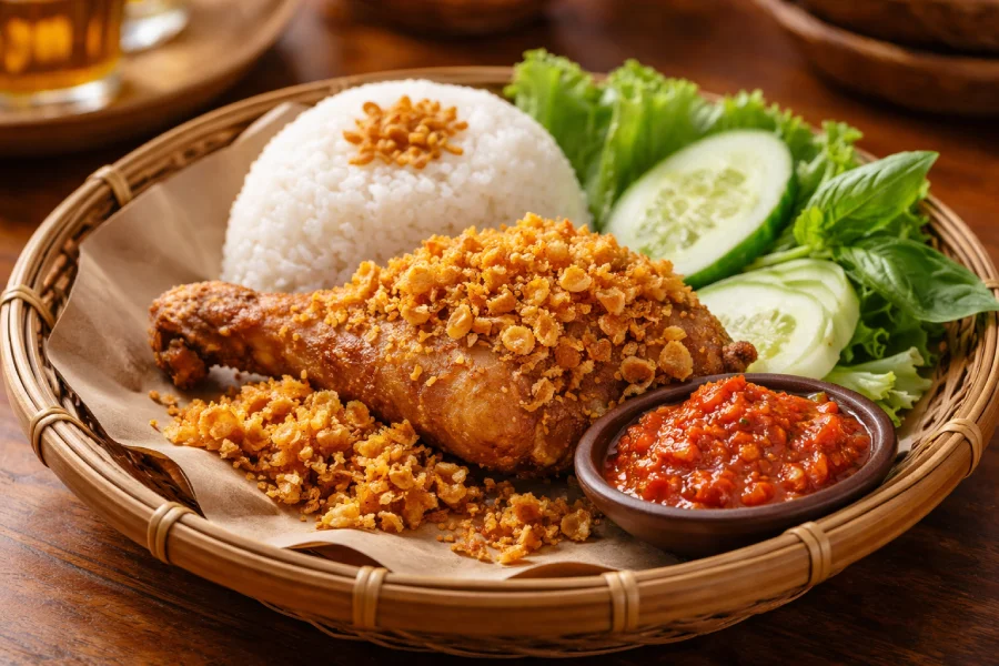 Ayam kremes dengan kremesan renyah dan sambal, disajikan di Ayam Kremes Sekar Pondok Pinang