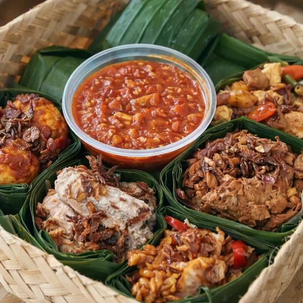 Lauk nasi liwet lengkap — ayam, ikan asin, tempe, sambal — dari Ayam Kremes Sekar Pondok Pinang