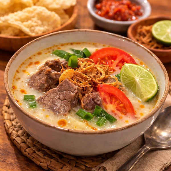 Pelengkap soto betawi — emping, bawang goreng, sambal, jeruk nipis — di Ayam Kremes Sekar Pondok Pinang