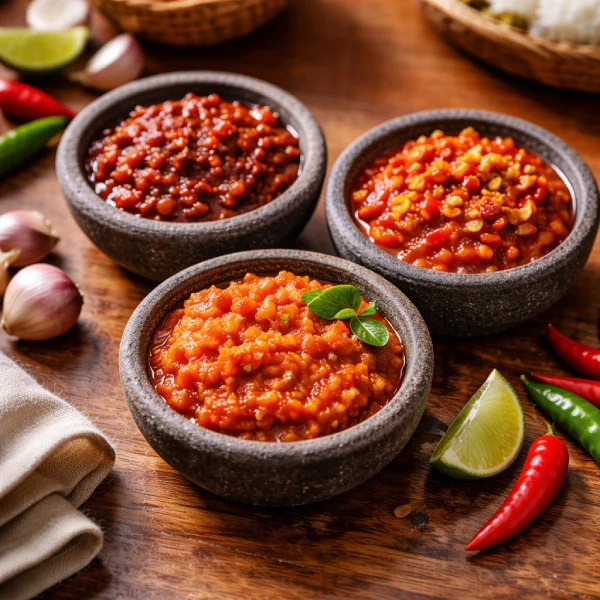 Tiga pilihan sambal tersedia di Ayam Kremes Sekar Pondok Pinang Kebayoran Lama