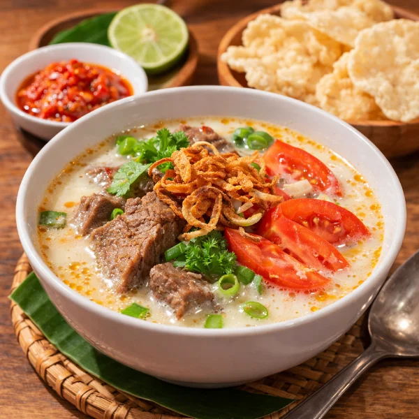 Soto betawi kuah santan gurih dengan daging sapi empuk, menu andalan Ayam Kremes Sekar Pondok Pinang
