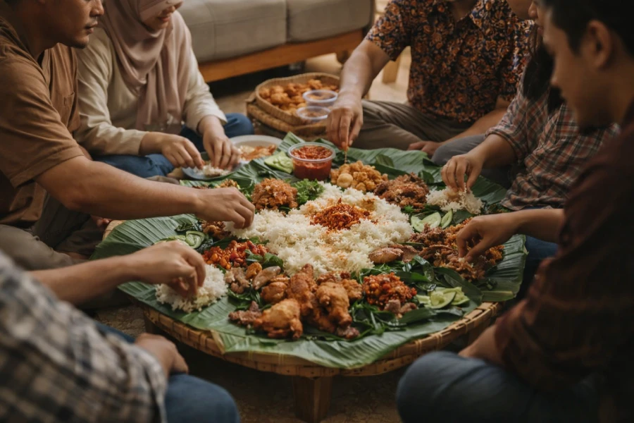 Suasana makan nasi liwet bersama untuk arisan dan kumpul keluarga di Jakarta Selatan