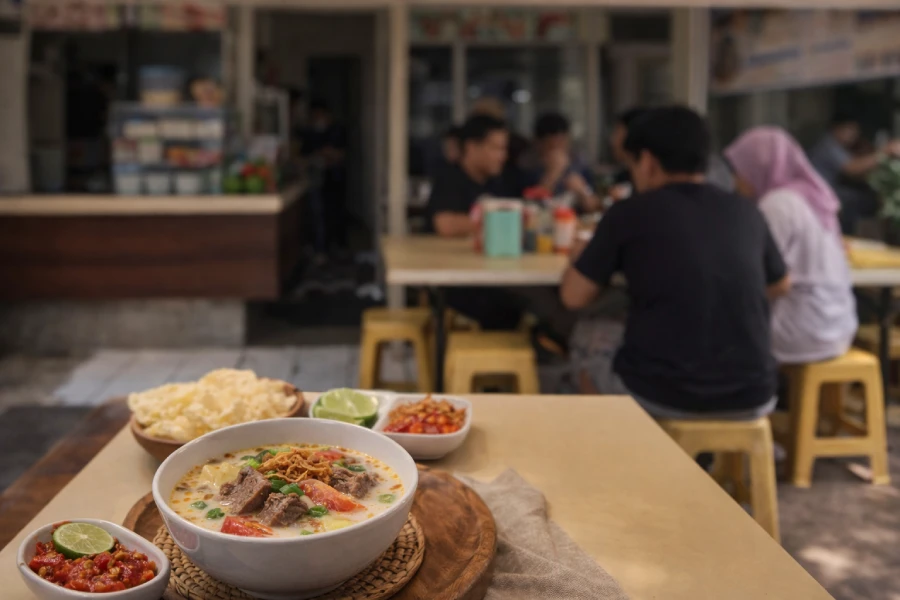 Suasana makan siang soto betawi di warung Ayam Kremes Sekar Pondok Pinang Kebayoran Lama Jakarta Selatan