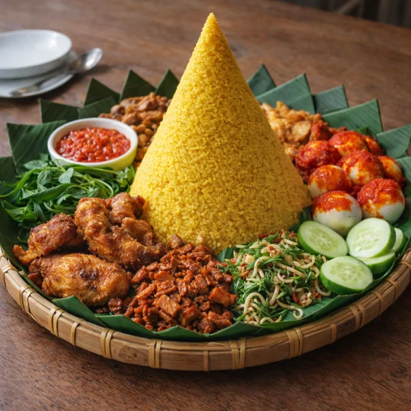 Tumpeng komplit untuk syukuran dan ulang tahun, pesan di Ayam Kremes Sekar Jakarta Selatan